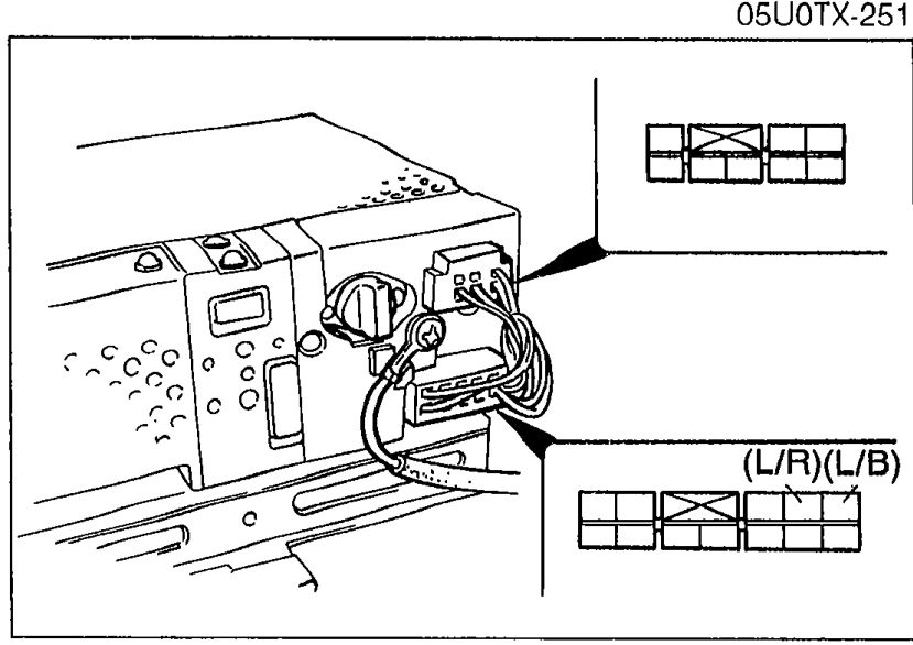 Audio unit rear connector with two harness connectors plugged in. Wire identifiers (L/R) and (L/B) called out on the left harness. Illustrates Step 3 - measuring voltages at the audio unit connector.