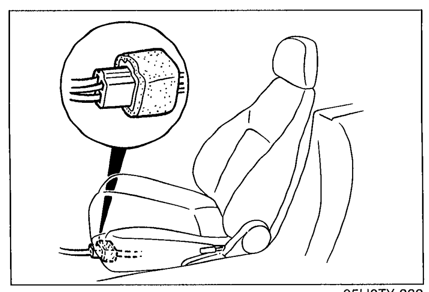 Photo of a headrest speaker connector being inspected on a seat headrest. An inset shows a close-up of the connector with terminals visible. Illustrates Step 8 (checking headrest speaker connector).