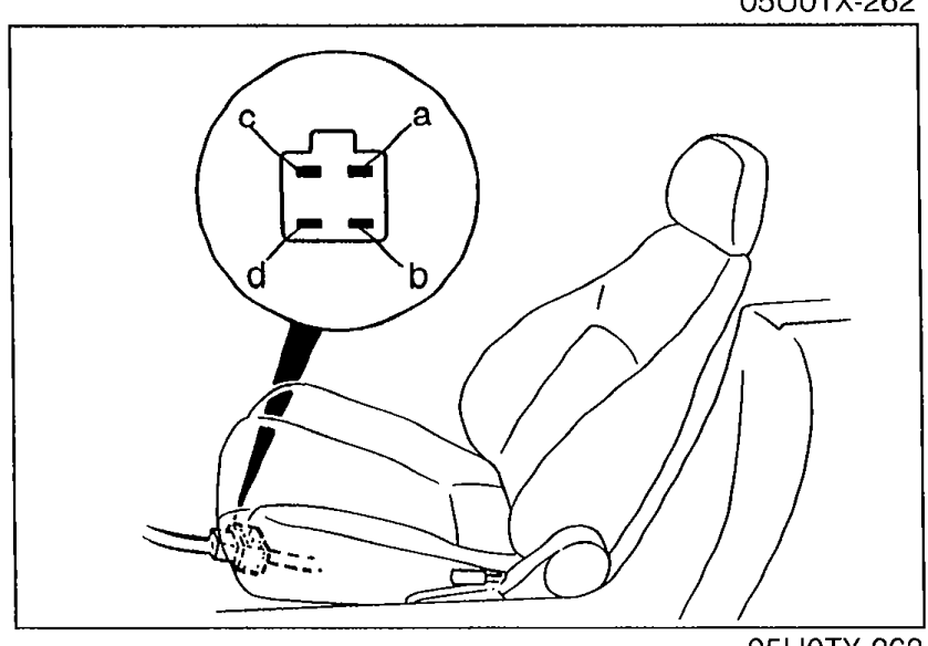Photo of the headrest speaker disconnected with a multimeter probe diagram showing terminals labeled a, b, c, d. Illustrates Step 9 (measuring resistance between terminals).