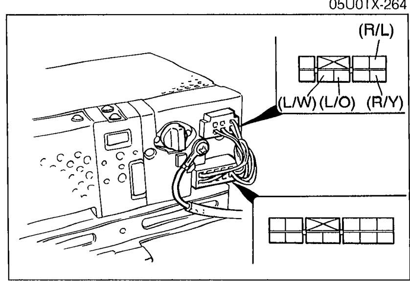 Photo of the audio unit removed from the dash with its 8-pin connector visible. An inset shows the connector pinout with wire colors R/L, L/W, L/O, R/Y. Illustrates Step 10 (disconnect audio unit connector and check continuity).