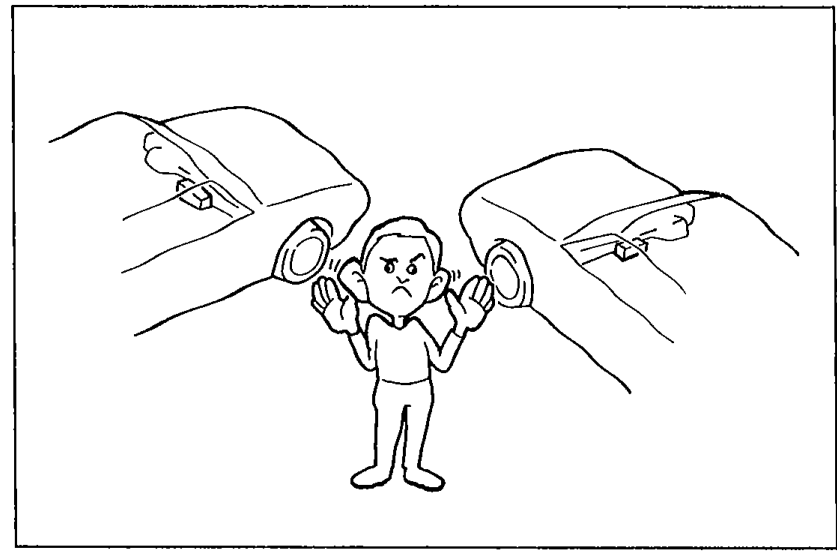 Illustration of a person inside a car listening to the radio with hands to their ears, indicating sound quality evaluation.