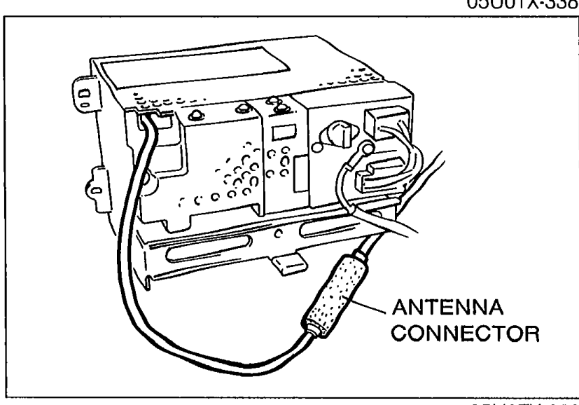 Rear view of audio unit with antenna connector callout labeled 'ANTENNA CONNECTOR' pointing to the connector plugged into the back of the radio.