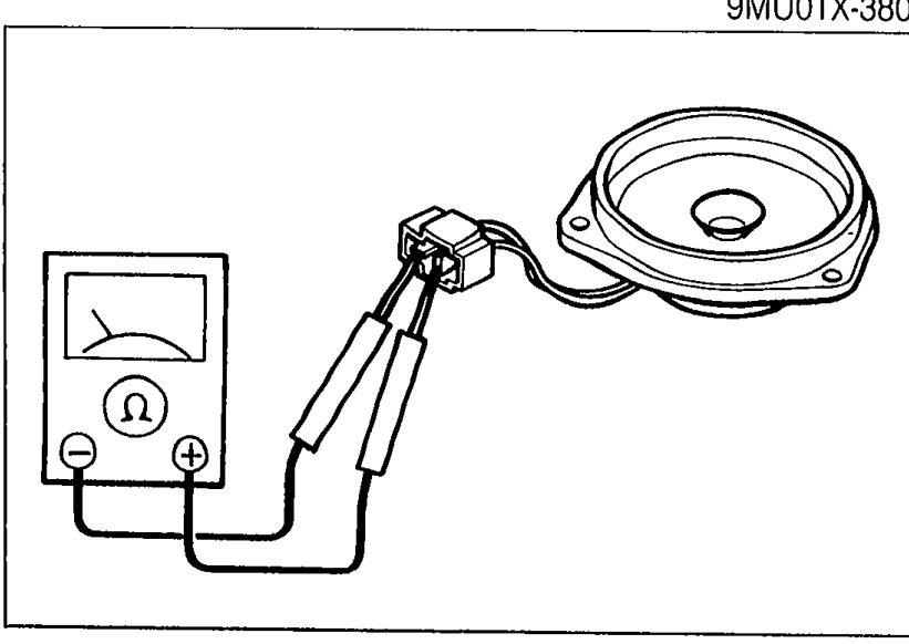 Speaker with speaker connector being tested with an ohmmeter (multimeter at left).