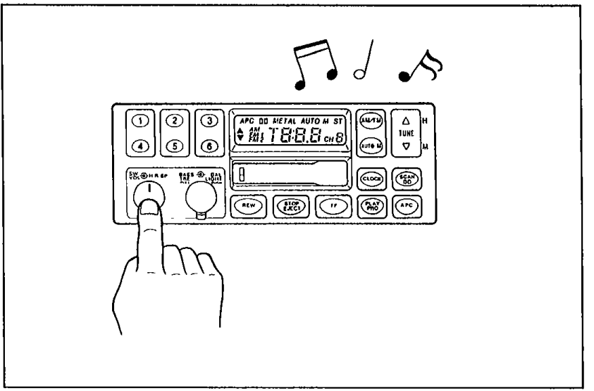 Audio unit face with a finger pressing a button (radio operation check) and musical notes above indicating sound output.