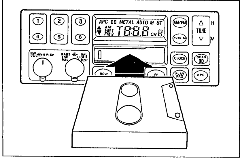 Audio unit face with a cassette tape being inserted from below; large arrow indicates the loading direction.
