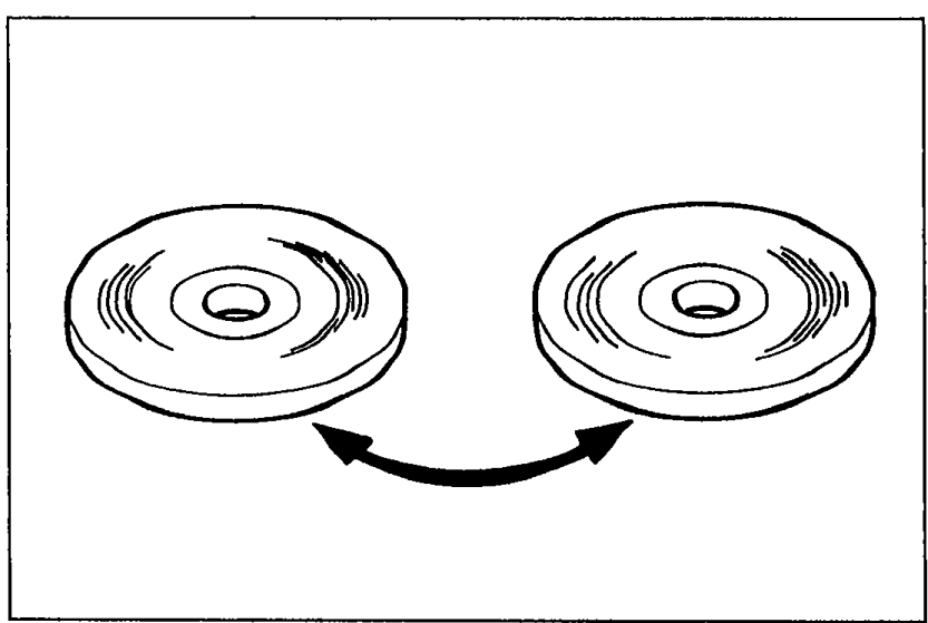 Two compact discs shown side-by-side with curved arrows between them indicating disc swapping/comparison.
