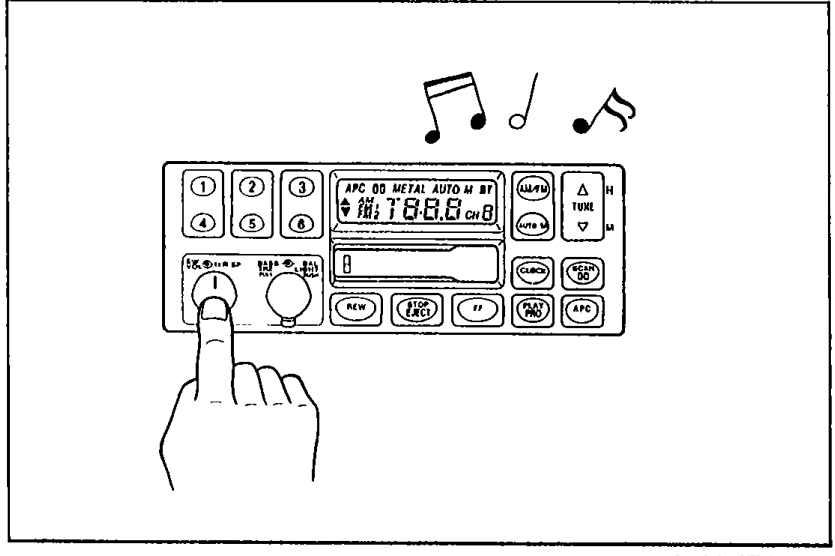Audio unit face with a finger pressing a button (radio operation check) and musical notes above indicating sound output.