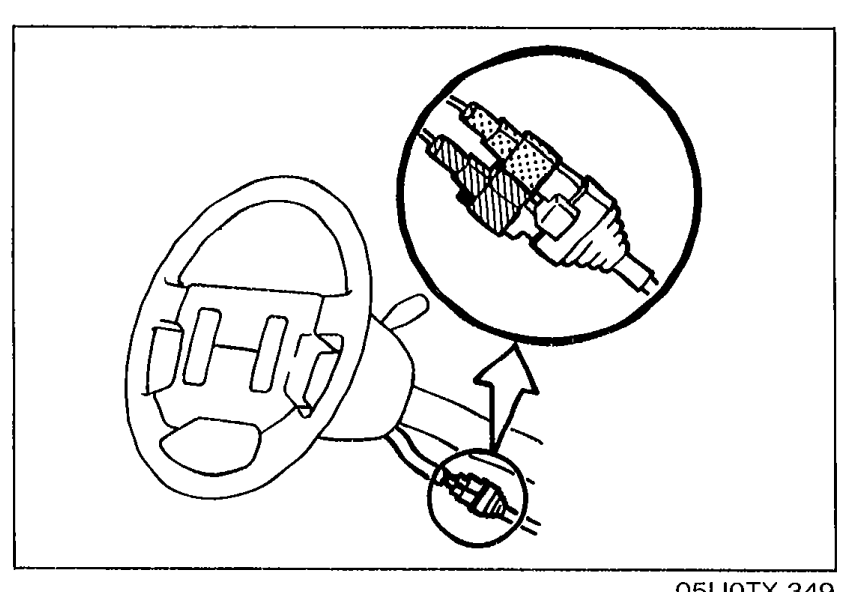 Illustration showing disconnection of negative battery cable and clock spring connectors (orange and blue) at the steering wheel.