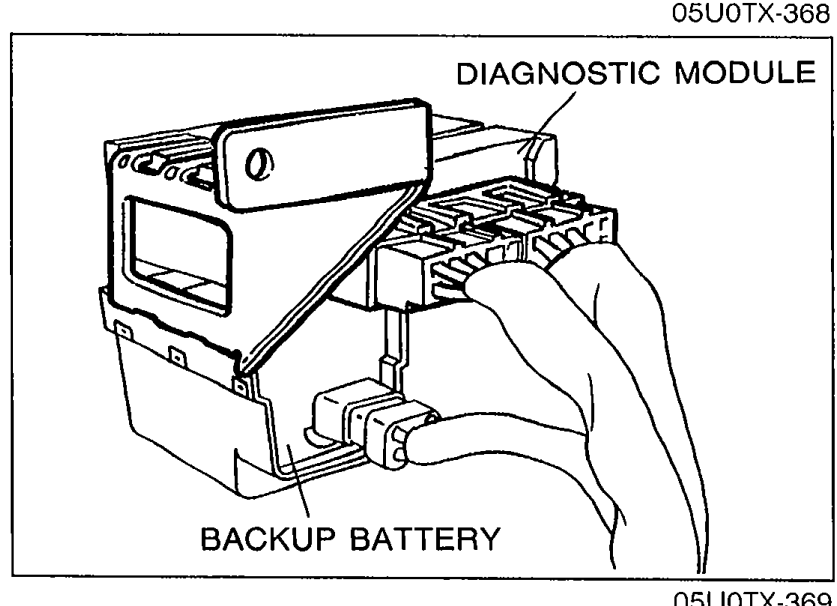 Illustration showing diagnostic module location with the backup battery beside it. Labels: 'DIAGNOSTIC MODULE' (top) and 'BACKUP BATTERY' (bottom).