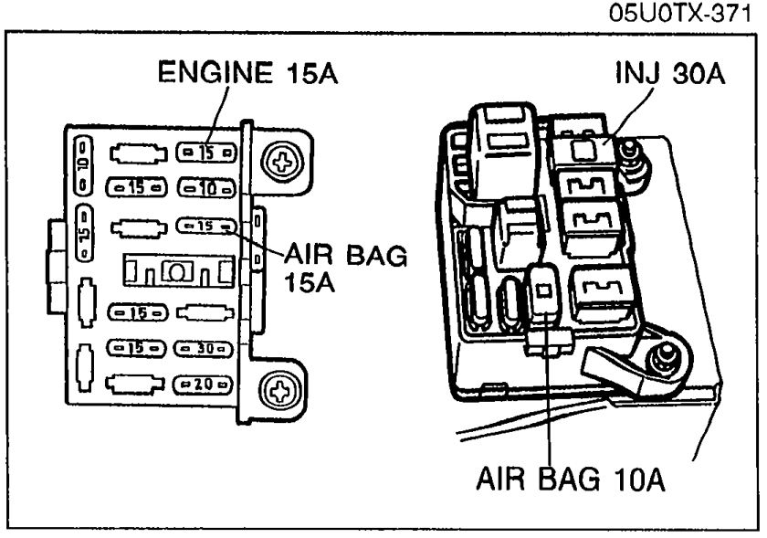 Photo showing the fuse box and main fuse block with labels: ENGINE 15A, INJ 30A, AIR BAG 15A, AIR BAG 10A. Arrows point to the fuses to check.