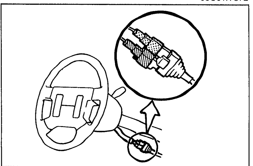 Photo showing the steering wheel with knee protector area. An arrow points to the clock spring connectors (orange and blue) that need to be disconnected.