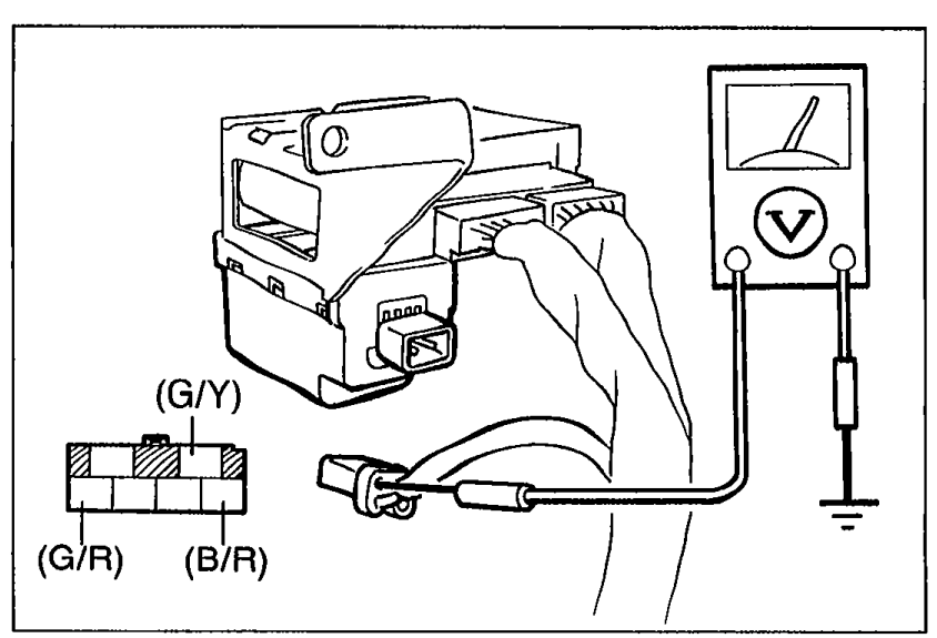 Connector diagram showing the backup battery connector being measured with a voltmeter. Wire labels visible: (G/Y), (G/R), (B/R).