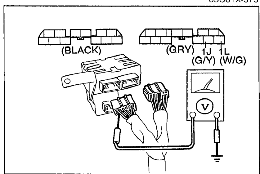 Connector diagram showing the diagnostic module connector being measured with a voltmeter. Wire labels visible: (BLACK), (GRY), 1J (G/Y), 1L (W/G).