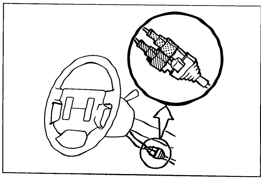 Photo showing the steering wheel with knee protector removed. Arrow points to the clock spring connectors (orange and blue) being disconnected.