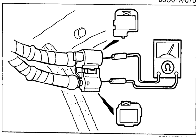 Photo showing measurement of resistance at the D-sensor connector with a multimeter (ohm symbol shown).
