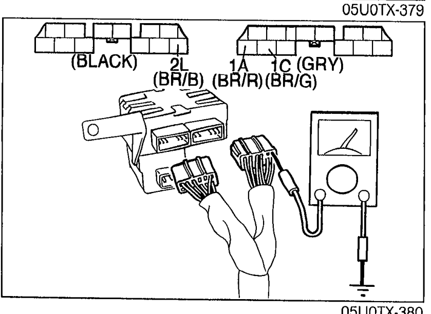 Diagnostic module connector with labels for terminals being tested. Connectors marked (BLACK) and (GRY); wires labeled 2L (BR/B), 1A (BR/R), 1C (BR/G). A multimeter is connected for resistance measurement.
