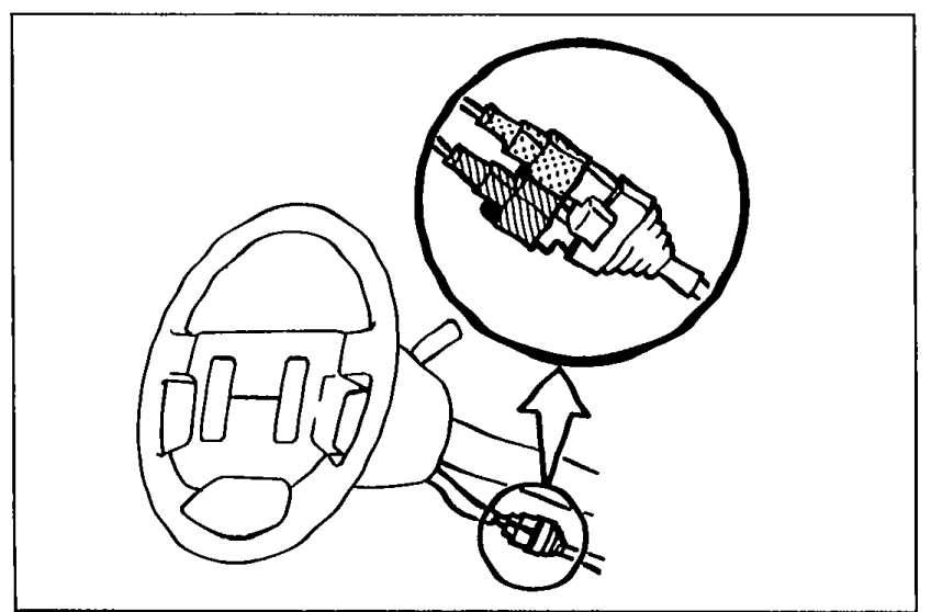 Photo showing steering wheel with the knee protector removed; arrow points to the clock spring connectors (Orange and blue) being disconnected.