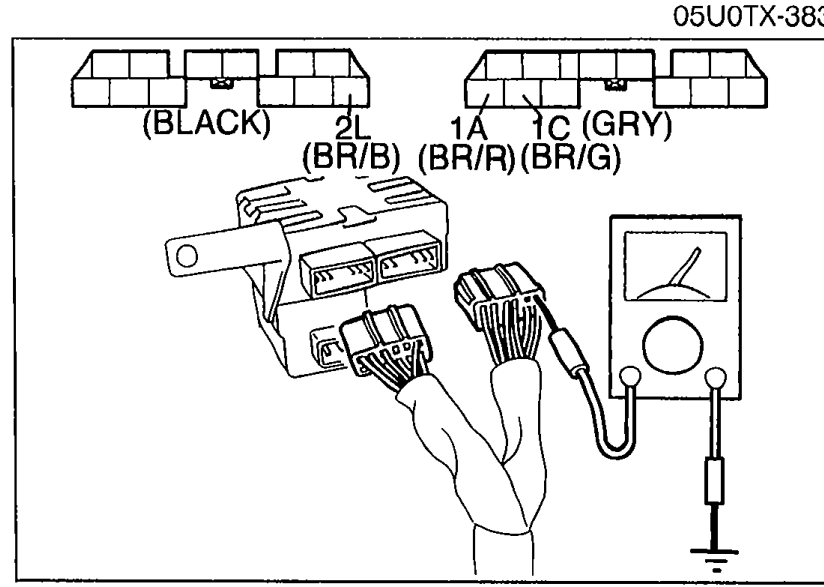 Diagnostic module connector terminals being measured. Labels: (BLACK), (GRY), 2L (BR/B), 1A (BR/R), 1C (BR/G); multimeter shown.