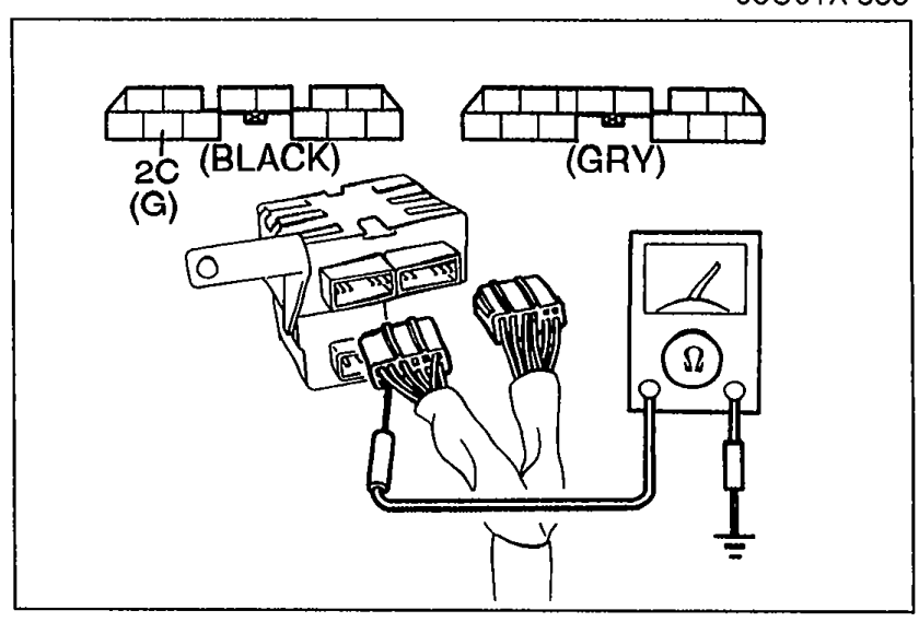 Diagnostic module connectors with labels 2C (G), (BLACK), (GRY) with a multimeter connected for continuity test to body ground.