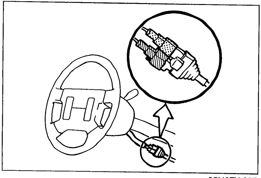 Illustration of the steering wheel with an inset showing the clock spring connectors (Orange and Blue) at the column to be checked for proper connection.