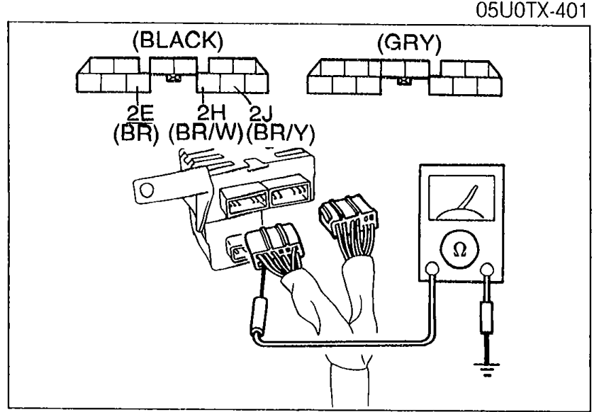 Diagnostic module connector diagram showing two connector blocks labelled (BLACK) and (GRY) with terminal callouts 2E (BR), 2H (BR/W), 2J (BR/Y). An ohmmeter is shown probing between the labelled terminals and a body ground.