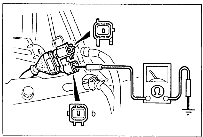 Illustration of the D-sensor (LH) connectors disconnected, with an ohmmeter probe checking continuity between a terminal (labeled 'b') on the sensor connector and a body ground point. Sensor is shown mounted on the body in the lower bulkhead area.