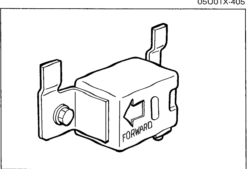 Illustration of a D-sensor bracket assembly with the installation bolt visible at left and a 'FORWARD' arrow embossed on the housing indicating the proper installation orientation.
