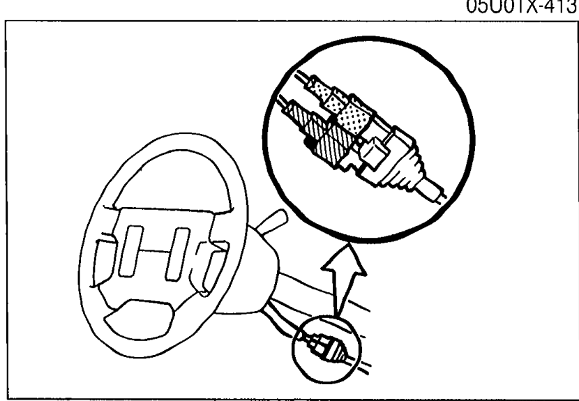 Lower steering column area showing the clock spring connector (Orange and blue) being disconnected after removal of the knee protector.