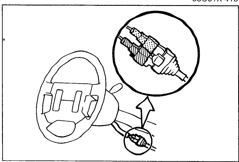 Steering wheel with a circular detail callout showing the clock spring and combination switch connectors being disconnected after knee protector removal.