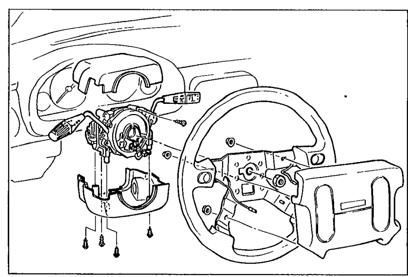 Steering column with the clock spring connector assembly being installed in the steering column area; shows the assembly's position relative to the steering shaft.
