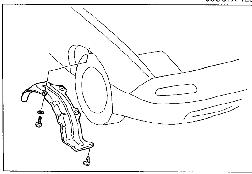 Front right corner of the vehicle with the wheel removed, showing the undercover and its mounting clips/bolts to be removed.