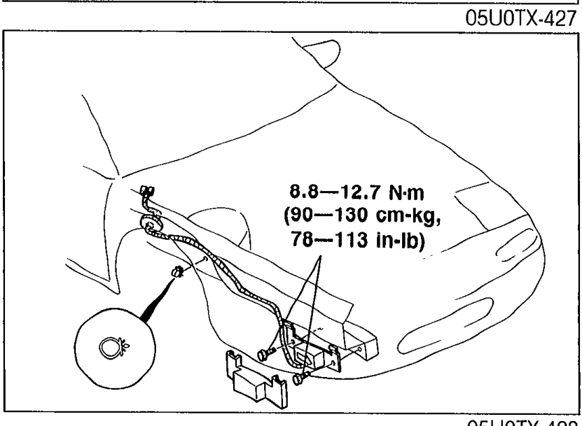 D-sensor (RH) installation view with a torque callout label '8.8—12.7 N·m (90—130 cm-kg, 78—113 in-lb)' pointing to the mounting bolts. Shows the sensor orientation with the arrow toward the front of the vehicle.