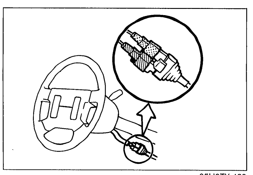 Steering wheel with a circular detail callout showing the clock spring connectors (Orange and blue) being disconnected after knee protector removal.