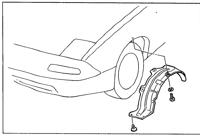 Front left corner of the vehicle with the wheel removed, showing the undercover and its mounting clips/bolts to be removed.