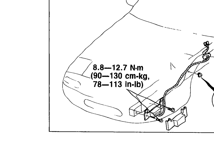 D-sensor (LH) installation view with a torque callout label '8.8—12.7 N·m (90—130 cm-kg, 78—113 in-lb)' pointing to the mounting bolts. Shows the sensor orientation with the arrow toward the front of the vehicle.