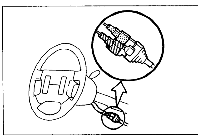 Steering wheel with a callout circle/zoom showing the D-sensor (CNT) connector being disconnected by hand at the underside of the steering column.