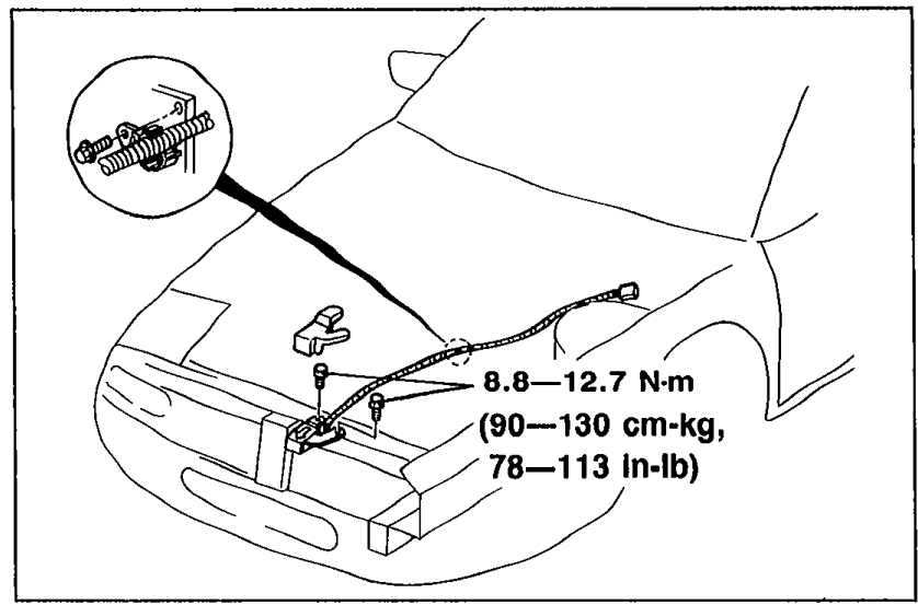 Front-end of the vehicle (hood-open view) showing the D-sensor (CNT) location with an arrow indicator and tightening torque callout '8.8—12.7 N·m (90—130 cm-kg, 78—113 in-lb)'.