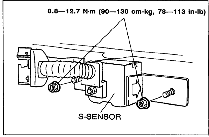 S-SENSOR mounted on a bracket with mounting bolts shown and tightening torque callout '8.8—12.7 N·m (90—130 cm-kg, 78—113 in-lb)'. Label 'S-SENSOR' visible.