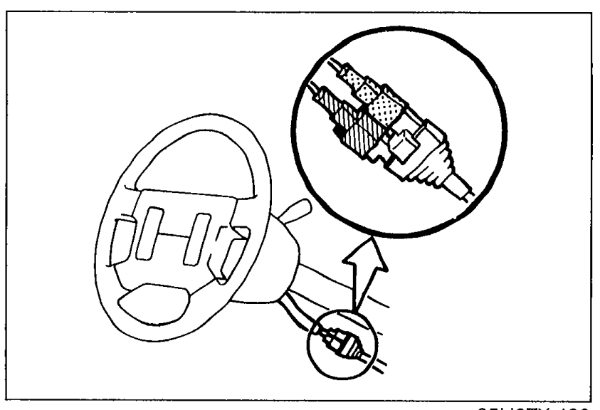 Steering wheel (LH side) with callout zoom showing the D-sensor (LH) clock spring connectors being disconnected.