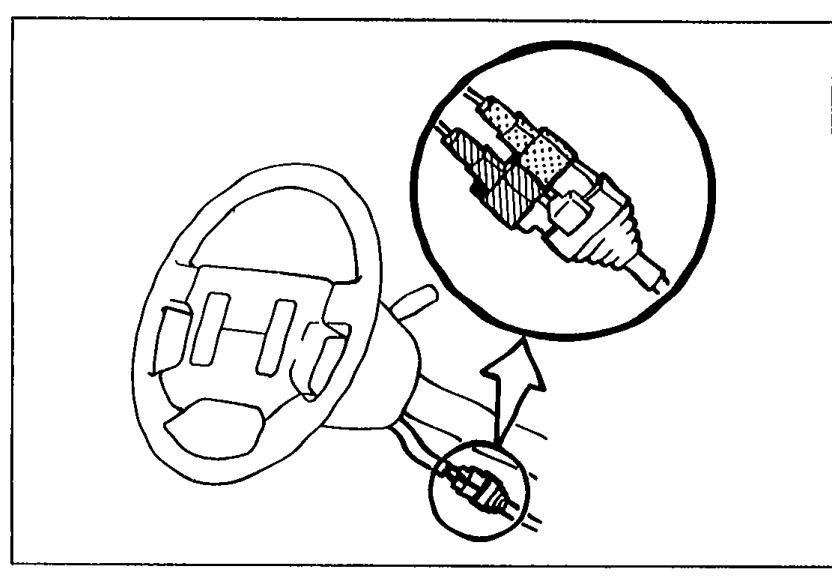 Steering wheel with callout zoom showing the D-sensor (CNT) clock spring connectors being disconnected.