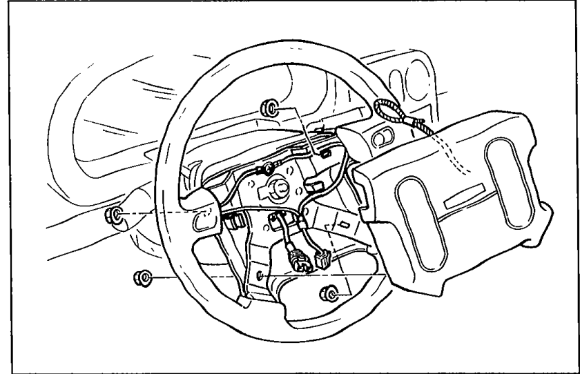 Steering wheel with air bag module removed, exposing the clock spring connector area and mounting bolts.