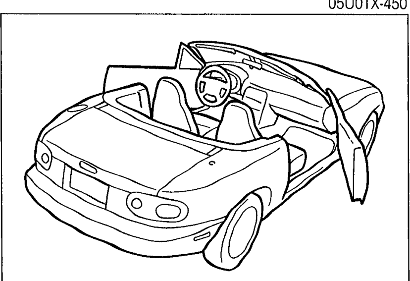 Line drawing of MX-5 with convertible top open and doors open, illustrating outdoor deployment setup.