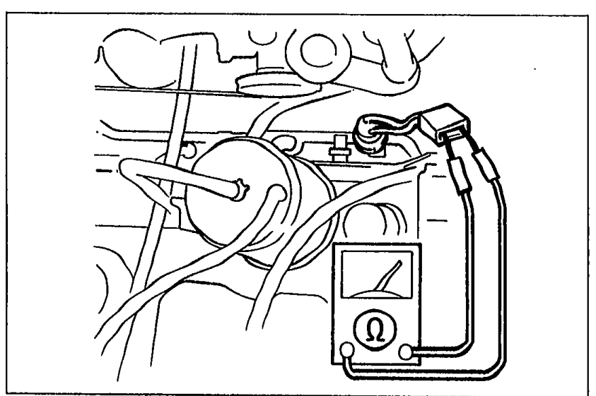 Photo of the refrigerant pressure switch on the A/C high-pressure line with its connector disconnected and an ohmmeter (Ω) connected to check switch continuity.