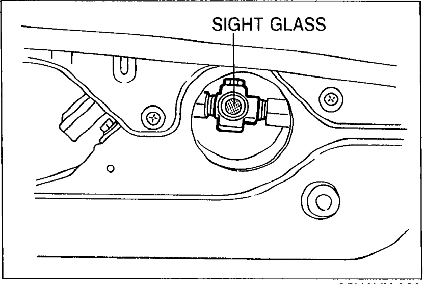 Close-up photo of the A/C receiver/drier with the SIGHT GLASS labeled at the top. The technician would look through the sight glass to observe refrigerant flow and bubble state.