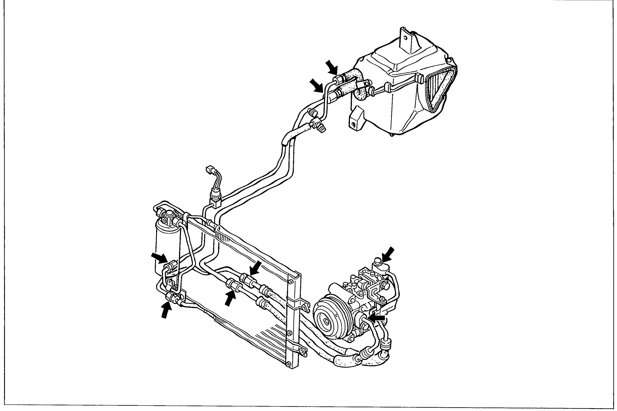 Schematic line drawing of the A/C refrigerant circuit components — evaporator/heater unit, condenser, receiver/drier, compressor and connecting refrigerant pipes/hoses. Arrows point to each connection (pipe joints) where leaks should be inspected.
