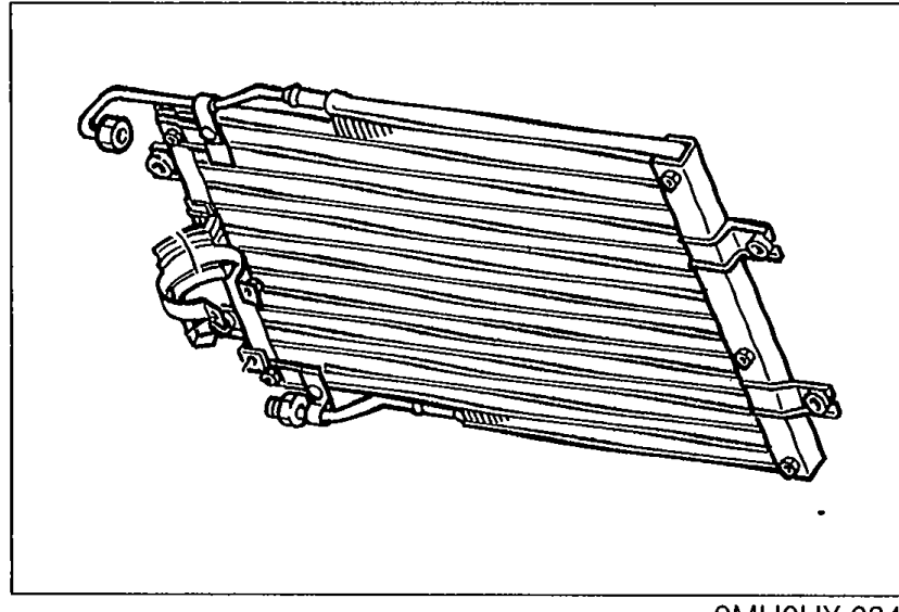 Photograph/line drawing of the A/C condenser core showing front-on view with visible fin matrix and side tanks. Used to inspect for bent fins or damage in Case 2 Step 1.