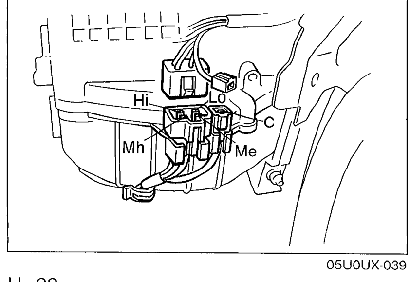 Resistor assembly continuity test illustration. Shows the resistor body mounted on the blower housing with four labelled terminals (Hi, Mh, Me, Lo) and the common terminal C, used for checking continuity per the table on the right side of the page.
