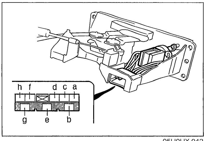 Blower and A/C switch installed on the control panel, with an exploded view of the connector pinout below showing terminals labelled (left to right) h, f, d, c, a in the upper row and g, e, b in the lower row. The illustration is the visual key for the continuity table to its right.
