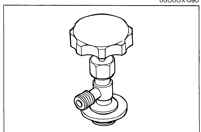Refrigerant container service valve fitted on top of the R-12 container. The illustration shows the T-handle on top, the outlet valve coupling on the side, and the piercing mechanism at the bottom that mates with the can.
