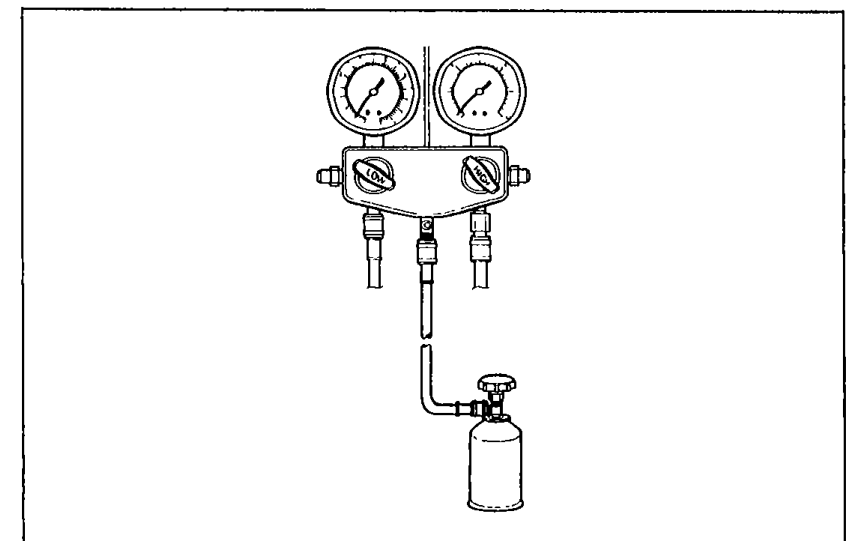 Manifold gauge set connected to the refrigerant container service valve via the centre charging hose. Shows the high- and low-pressure gauges on the manifold body with their hand valves, and the small refrigerant can attached at the bottom.